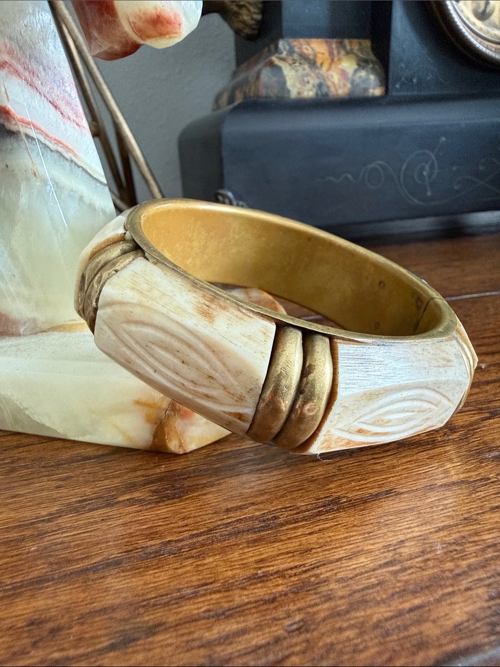 Vintage Brass & Bone Bangle Bracelet
